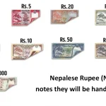 A comprehensive visual chart showcasing different Nepalese Rupee (NPR) banknotes from 1, 2, 5, 10, 20, 50, 100, 500, to 1000 rupees with curled corners on a plain white background.