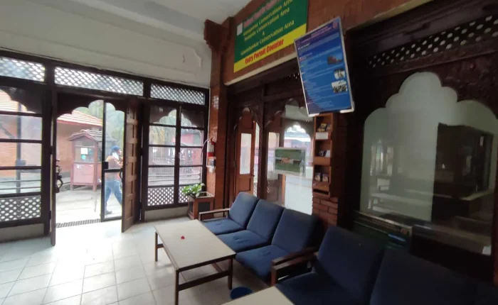 The TIMS and trekking entry permit counter inside the Nepal Tourism Board office for Annapurna, Manaslu, and Gaurishankar conservation areas.