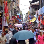 Local market in Kathmandu aasan market with crowd in street