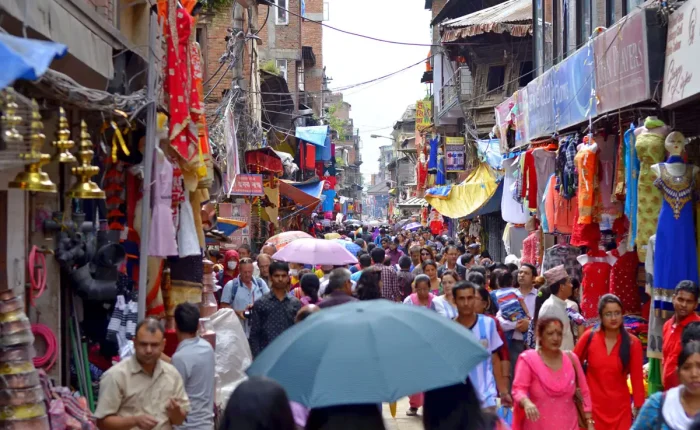 Local market in Kathmandu aasan market with crowd in street