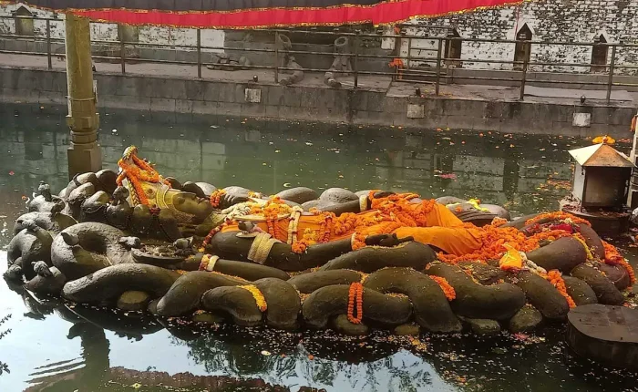 The reclining black stone statue of Lord Vishnu draped in orange robes and marigold garlands, floating in a sacred water pond at Budhanilkantha Temple, Kathmandu.