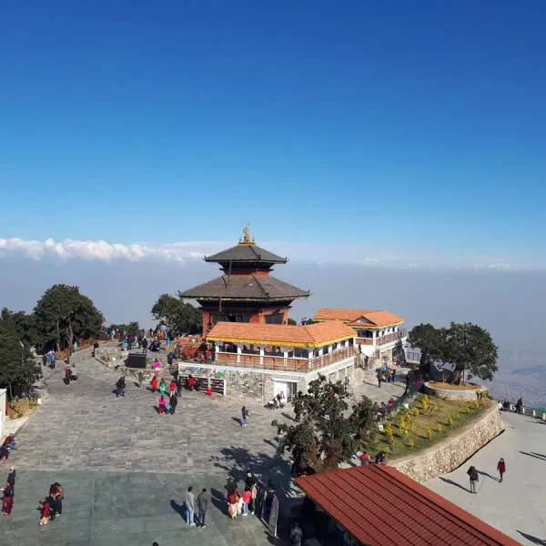 The Bhaleshwor Mahadev temple on the mountain summit of Chandragiri Hills, a popular day tour destination near Kathmandu.