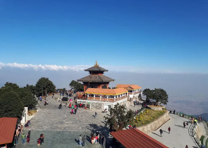 The Bhaleshwor Mahadev temple on the mountain summit of Chandragiri Hills, a popular day tour destination near Kathmandu.