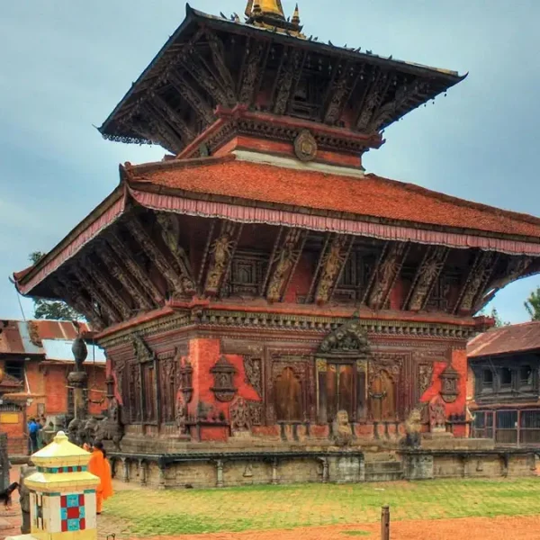 The ancient two-tiered Pagoda style Changu Narayan Temple with intricate wood carvings in Bhaktapur, Nepal.