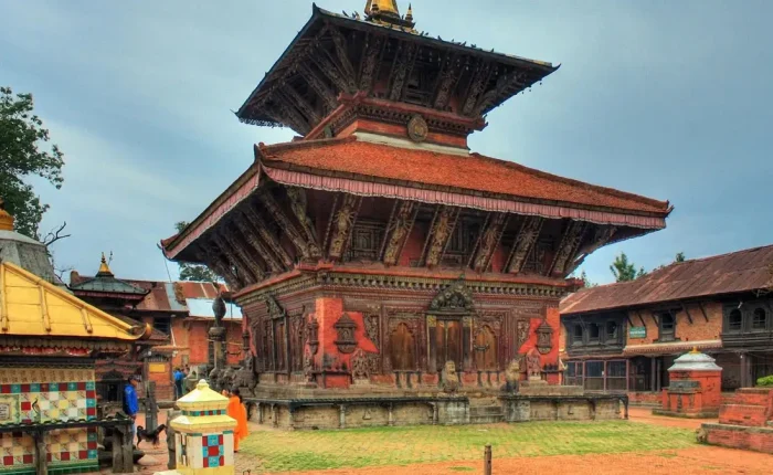 The ancient two-tiered Pagoda style Changu Narayan Temple with intricate wood carvings in Bhaktapur, Nepal.