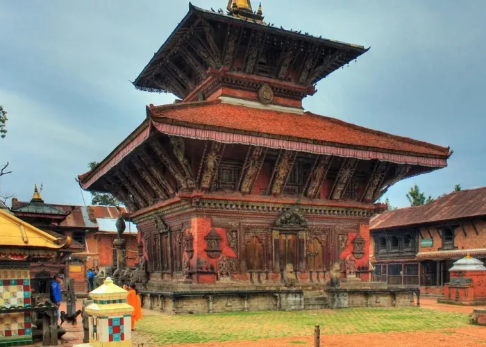 The ancient two-tiered Pagoda style Changu Narayan Temple with intricate wood carvings in Bhaktapur, Nepal.
