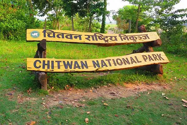 A rustic wooden welcome sign reading Chitwan National Park in both Nepali and English scripts, surrounded by green grass and trees.