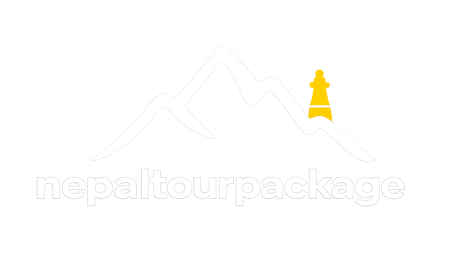 High resolution official brand logo for nepaltourpackage.com, depicting a Himalayan mountain peak outline and a traditional temple spire.