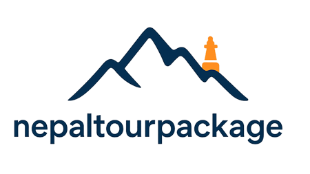 High resolution official brand logo for nepaltourpackage.com, depicting a Himalayan mountain peak outline and a traditional temple spire.