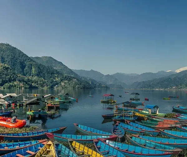A wide panoramic landscape showing a lakeside boat station tower and dozens of colorful wooden canoes parked along Phewa Lake with mountains in the distance.