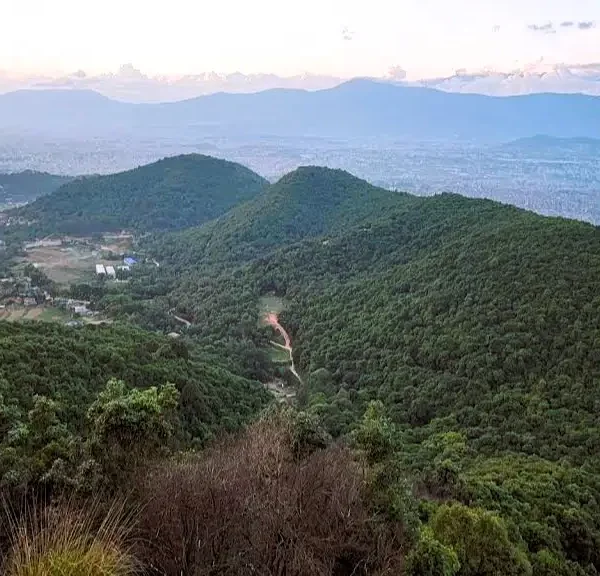 An expansive landscape view of lush green forested ridges and rolling hills stretching toward the Kathmandu valley horizon under a soft sunset sky.