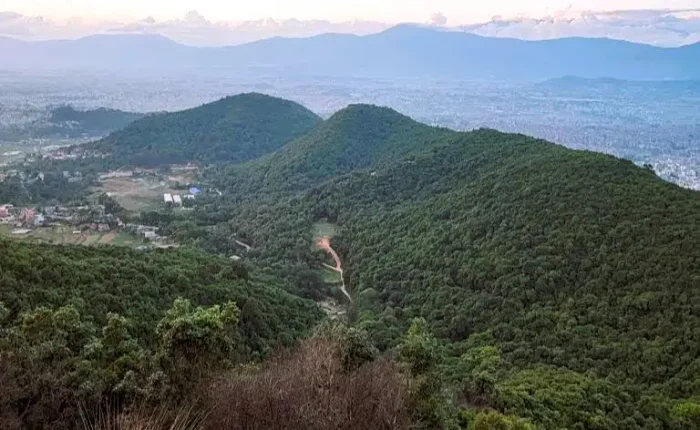 An expansive landscape view of lush green forested ridges and rolling hills stretching toward the Kathmandu valley horizon under a soft sunset sky.