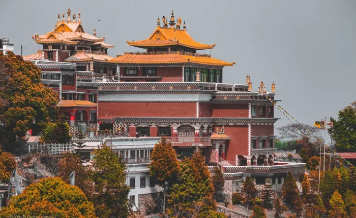The majestic red and gold tiered architecture of Thrangu Tashi Yangtse Monastery surrounded by autumn trees at Namo Buddha.